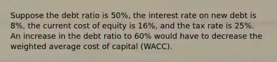 Suppose the debt ratio is 50%, the interest rate on new debt is 8%, the current cost of equity is 16%, and the tax rate is 25%. An increase in the debt ratio to 60% would have to decrease the weighted average cost of capital (WACC).