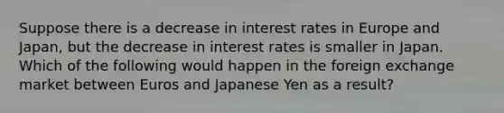 Suppose there is a decrease in interest rates in Europe and Japan, but the decrease in interest rates is smaller in Japan. Which of the following would happen in the foreign exchange market between Euros and Japanese Yen as a result?