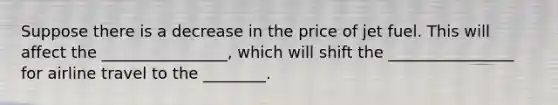 Suppose there is a decrease in the price of jet fuel. This will affect the ________________, which will shift the ________________ for airline travel to the ________.