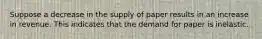 Suppose a decrease in the supply of paper results in an increase in revenue. This indicates that the demand for paper is inelastic.