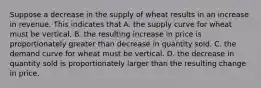 Suppose a decrease in the supply of wheat results in an increase in revenue. This indicates that A. the supply curve for wheat must be vertical. B. the resulting increase in price is proportionately greater than decrease in quantity sold. C. the demand curve for wheat must be vertical. D. the decrease in quantity sold is proportionately larger than the resulting change in price.