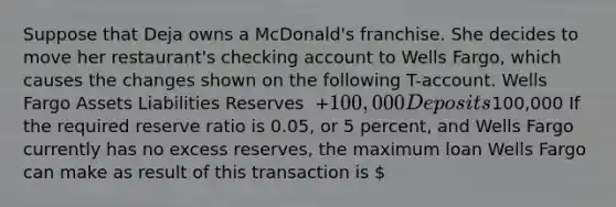 Suppose that Deja owns a​ McDonald's franchise. She decides to move her​ restaurant's checking account to Wells​ Fargo, which causes the changes shown on the following​ T-account. Wells Fargo Assets Liabilities Reserves ​ +100,000 Deposits ​100,000 If the required reserve ratio is 0.05​, or 5 ​percent, and Wells Fargo currently has no excess​ reserves, the maximum loan Wells Fargo can make as result of this transaction is ​