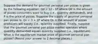 Suppose the demand for gourmet personal pan pizzas is given by the following equation: Qd = 12 - 1P where Qd is the amount of pizzas consumers want to buy (i.e., quantity demanded), and P is the price of pizzas. Suppose the supply of gourmet personal pan pizzas is: Qs = 3 + 2P where Qs is the amount of pizzas producers will supply (i.e., quantity supplied). Finally, suppose that the gourmet personal pan pizza market operates where quantity demanded equals quantity supplied (i.e., equilibrium). What is the equilibrium market price of gourmet personal pan pizzas? (Round your answer to 2 decimal places.)