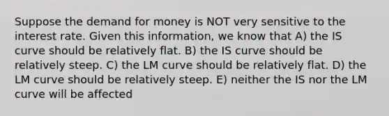 Suppose the demand for money is NOT very sensitive to the interest rate. Given this information, we know that A) the IS curve should be relatively flat. B) the IS curve should be relatively steep. C) the LM curve should be relatively flat. D) the LM curve should be relatively steep. E) neither the IS nor the LM curve will be affected