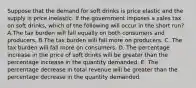 Suppose that the demand for soft drinks is price elastic and the supply is price inelastic. If the government imposes a sales tax on soft drinks, which of the following will occur in the short run? A.The tax burden will fall equally on both consumers and producers. B.The tax burden will fall more on producers. C. The tax burden will fall more on consumers. D. The percentage increase in the price of soft drinks will be greater than the percentage increase in the quantity demanded. E. The percentage decrease in total revenue will be greater than the percentage decrease in the quantity demanded.