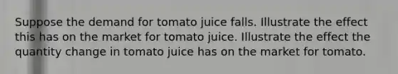 Suppose the demand for tomato juice falls. Illustrate the effect this has on the market for tomato juice. Illustrate the effect the quantity change in tomato juice has on the market for tomato.