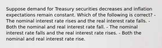 Suppose demand for Treasury securities decreases and inflation expectations remain constant. Which of the following is correct? - The nominal interest rate rises and the real interest rate falls. - Both the nominal and real interest rate fall. - The nominal interest rate falls and the real interest rate rises. - Both the nominal and real interest rate rise.