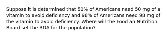 Suppose it is determined that 50% of Americans need 50 mg of a vitamin to avoid deficiency and 98% of Americans need 98 mg of the vitamin to avoid deficiency. Where will the Food an Nutrition Board set the RDA for the population?