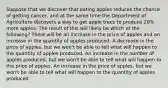 Suppose that we discover that eating apples reduces the chance of getting cancer, and at the same time the Department of Agriculture discovers a way to get apple trees to produce 20% more apples. The result of this will likely be which of the following? There will be an increase in the price of apples and an increase in the quantity of apples produced. A decrease in the price of apples, but we won't be able to tell what will happen to the quantity of apples produced. An increase in the number of apples produced, but we won't be able to tell what will happen to the price of apples. An increase in the price of apples, but we won't be able to tell what will happen to the quantity of apples produced.