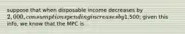 suppose that when disposable income decreases by 2,000, consumption spending increases by1,500; given this info, we know that the MPC is