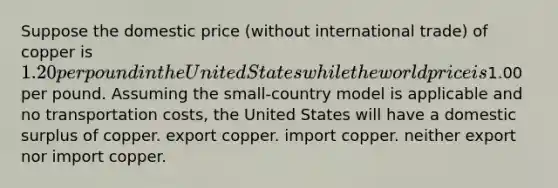 Suppose the domestic price (without international trade) of copper is 1.20 per pound in the United States while the world price is1.00 per pound. Assuming the small-country model is applicable and no transportation costs, the United States will have a domestic surplus of copper. export copper. import copper. neither export nor import copper.