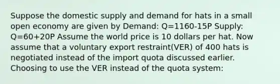 Suppose the domestic supply and demand for hats in a small open economy are given by Demand: Q=1160-15P Supply: Q=60+20P Assume the world price is 10 dollars per hat. Now assume that a voluntary export restraint(VER) of 400 hats is negotiated instead of the import quota discussed earlier. Choosing to use the VER instead of the quota system: