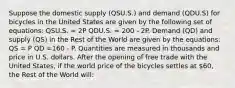 Suppose the domestic supply (QSU.S.) and demand (QDU.S) for bicycles in the United States are given by the following set of equations: QSU.S. = 2P QDU.S. = 200 - 2P. Demand (QD) and supply (QS) in the Rest of the World are given by the equations: QS = P QD =160 - P. Quantities are measured in thousands and price in U.S. dollars. After the opening of free trade with the United States, if the world price of the bicycles settles at 60, the Rest of the World will: