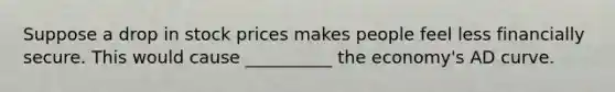 Suppose a drop in stock prices makes people feel less financially secure. This would cause __________ the economy's AD curve.