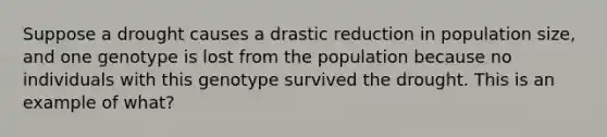 Suppose a drought causes a drastic reduction in population size, and one genotype is lost from the population because no individuals with this genotype survived the drought. This is an example of what?