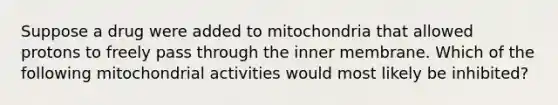 Suppose a drug were added to mitochondria that allowed protons to freely pass through the inner membrane. Which of the following mitochondrial activities would most likely be inhibited?