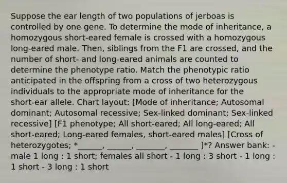 Suppose the ear length of two populations of jerboas is controlled by one gene. To determine the mode of inheritance, a homozygous short‑eared female is crossed with a homozygous long‑eared male. Then, siblings from the F1 are crossed, and the number of short‑ and long‑eared animals are counted to determine the phenotype ratio. Match the phenotypic ratio anticipated in the offspring from a cross of two heterozygous individuals to the appropriate mode of inheritance for the short‑ear allele. Chart layout: [Mode of inheritance; Autosomal dominant; Autosomal recessive; Sex-linked dominant; Sex-linked recessive] [F1 phenotype; All short-eared; All long-eared; All short-eared; Long-eared females, short-eared males] [Cross of heterozygotes; *______, ______, _______, _______ ]*? Answer bank: - male 1 long : 1 short; females all short - 1 long : 3 short - 1 long : 1 short - 3 long : 1 short