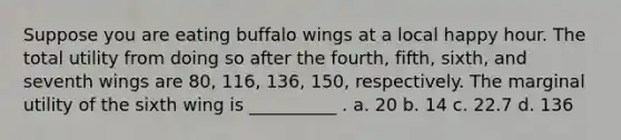 Suppose you are eating buffalo wings at a local happy hour. The total utility from doing so after the fourth, fifth, sixth, and seventh wings are 80, 116, 136, 150, respectively. The marginal utility of the sixth wing is __________ . a. 20 b. 14 c. 22.7 d. 136