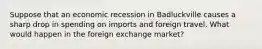 Suppose that an economic recession in Badluckville causes a sharp drop in spending on imports and foreign travel. What would happen in the foreign exchange market?