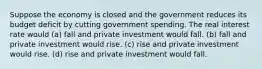 Suppose the economy is closed and the government reduces its budget deficit by cutting government spending. The real interest rate would (a) fall and private investment would fall. (b) fall and private investment would rise. (c) rise and private investment would rise. (d) rise and private investment would fall.