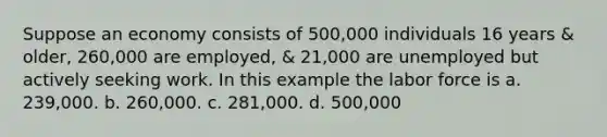 Suppose an economy consists of 500,000 individuals 16 years & older, 260,000 are employed, & 21,000 are unemployed but actively seeking work. In this example the labor force is a. 239,000. b. 260,000. c. 281,000. d. 500,000