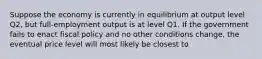 Suppose the economy is currently in equilibrium at output level Q2, but full-employment output is at level Q1. If the government fails to enact fiscal policy and no other conditions change, the eventual price level will most likely be closest to