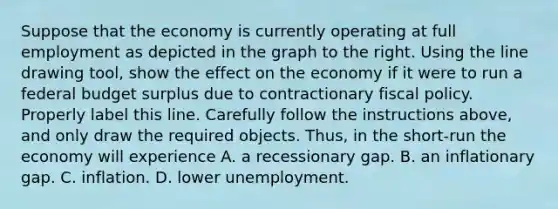 Suppose that the economy is currently operating at full employment as depicted in the graph to the right. Using the line drawing tool​, show the effect on the economy if it were to run a federal budget surplus due to contractionary fiscal policy. Properly label this line. Carefully follow the instructions​ above, and only draw the required objects. ​Thus, in the​ short-run the economy will experience A. a recessionary gap. B. an inflationary gap. C. inflation. D. lower unemployment.