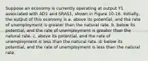 Suppose an economy is currently operating at output Y1 associated with AD1 and SRAS1, shown in Figure 10-16. Initially, the output of this economy is a. above its potential, and the rate of unemployment is greater than the natural rate. b. below its potential, and the rate of unemployment is greater than the natural rate. c. above its potential, and the rate of unemployment is less than the natural rate. d. below its potential, and the rate of unemployment is less than the natural rate.