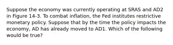 Suppose the economy was currently operating at SRAS and AD2 in Figure 14-3. To combat inflation, the Fed institutes restrictive monetary policy. Suppose that by the time the policy impacts the economy, AD has already moved to AD1. Which of the following would be true?