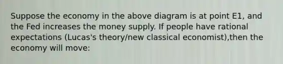 Suppose the economy in the above diagram is at point E1, and the Fed increases the money supply. If people have rational expectations (Lucas's theory/new classical economist),then the economy will move: