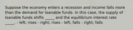 Suppose the economy enters a recession and income falls more than the demand for loanable funds. In this case, the supply of loanable funds shifts _____ and the equilibrium interest rate _____. - left; rises - right; rises - left; falls - right; falls