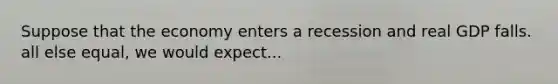 Suppose that the economy enters a recession and real GDP falls. all else equal, we would expect...
