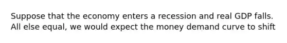 Suppose that the economy enters a recession and real GDP falls. All else equal, we would expect the money demand curve to shift