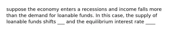 suppose the economy enters a recessions and income falls more than the demand for loanable funds. In this case, the supply of loanable funds shifts ___ and the equilibrium interest rate ____