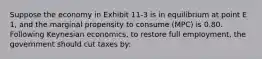 Suppose the economy in Exhibit 11-3 is in equilibrium at point E 1, and the marginal propensity to consume (MPC) is 0.80. Following Keynesian economics, to restore full employment, the government should cut taxes by: