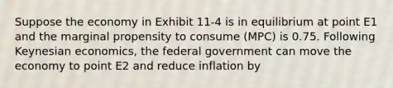 Suppose the economy in Exhibit 11-4 is in equilibrium at point E1 and the marginal propensity to consume (MPC) is 0.75. Following Keynesian economics, the federal government can move the economy to point E2 and reduce inflation by