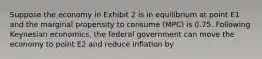 Suppose the economy in Exhibit 2 is in equilibrium at point E1 and the marginal propensity to consume (MPC) is 0.75. Following Keynesian economics, the federal government can move the economy to point E2 and reduce inflation by