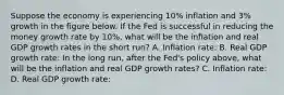 Suppose the economy is experiencing 10% inflation and 3% growth in the figure below. If the Fed is successful in reducing the money growth rate by 10%, what will be the inflation and real GDP growth rates in the short run? A. Inflation rate: B. Real GDP growth rate: In the long run, after the Fed's policy above, what will be the inflation and real GDP growth rates? C. Inflation rate: D. Real GDP growth rate: