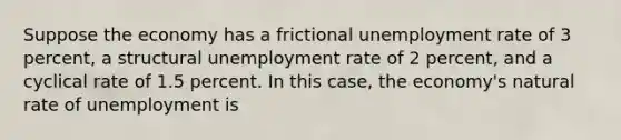 Suppose the economy has a frictional unemployment rate of 3 percent, a structural unemployment rate of 2 percent, and a cyclical rate of 1.5 percent. In this case, the economy's natural rate of unemployment is