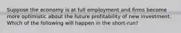 Suppose the economy is at full employment and firms become more optimistic about the future profitability of new investment. Which of the following will happen in the short-run?