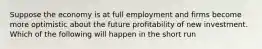 Suppose the economy is at full employment and firms become more optimistic about the future profitability of new investment. Which of the following will happen in the short run