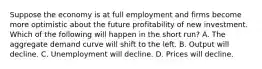 Suppose the economy is at full employment and firms become more optimistic about the future profitability of new investment. Which of the following will happen in the short run? A. The aggregate demand curve will shift to the left. B. Output will decline. C. Unemployment will decline. D. Prices will decline.