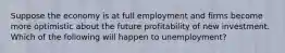 Suppose the economy is at full employment and firms become more optimistic about the future profitability of new investment. Which of the following will happen to unemployment?