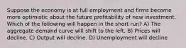 Suppose the economy is at full employment and firms become more optimistic about the future profitability of new investment. Which of the following will happen in the short run? A) The aggregate demand curve will shift to the left. B) Prices will decline. C) Output will decline. D) Unemployment will decline