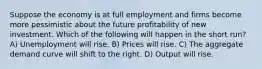 Suppose the economy is at full employment and firms become more pessimistic about the future profitability of new investment. Which of the following will happen in the short run? A) Unemployment will rise. B) Prices will rise. C) The aggregate demand curve will shift to the right. D) Output will rise.