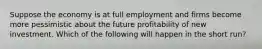 Suppose the economy is at full employment and firms become more pessimistic about the future profitability of new investment. Which of the following will happen in the short run?