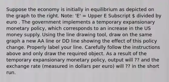 Suppose the economy is initially in equilibrium as depicted on the graph to the right.​ Note: 'E'​ = Upper E Subscript  divided by euro . The government implements a temporary expansionary monetary​ policy, which corresponds to an increase in the US money supply. Using the line drawing tool​, draw on the same graph a new AA line or DD line showing the effect of this policy change. Properly label your line. Carefully follow the instructions above and only draw the required object. As a result of the temporary expansionary monetary​ policy, output will ?? and the exchange rate ​(measured in dollars per euro​) will ?? in the short run.