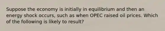 Suppose the economy is initially in equilibrium and then an energy shock occurs, such as when OPEC raised oil prices. Which of the following is likely to result?