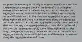 suppose the economy is initially in long run equilibrium and then it experiences a supply shock in the form of sharply higher energy prices. which of the following is true? a. the short run aggregate supply curve shifts leftward and the longrun supply curve shifts rightward b. the short run aggregate supply curve shifts rightward and there is a movement along the aggregate demand curve. c. the short run aggregate supply curve does not shift and the long run aggregate supply curve shifts rightward d. the short run aggregate supply curve shifts rightward but the long run aggregate supply curve does not shift e. the short run aggregate supply curve shifts leftward and there is a movement along the aggregate demand curve.