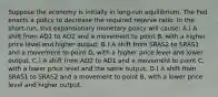 Suppose the economy is initially in long-run equilibrium. The Fed enacts a policy to decrease the required reserve ratio. In the short-run, this expansionary monetary policy will cause: A.) A shift from AD1 to AD2 and a movement to point B, with a higher price level and higher output. B.) A shift from SRAS2 to SRAS1 and a movement to point D, with a higher price level and lower output. C.) A shift from AD2 to AD1 and a movement to point C, with a lower price level and the same output. D.) A shift from SRAS1 to SRAS2 and a movement to point B, with a lower price level and higher output.